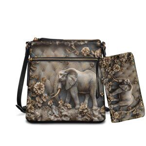 8689 Elephant Flower Print Crossbody Bag Purse 2pcs Leather Hobo Handbag